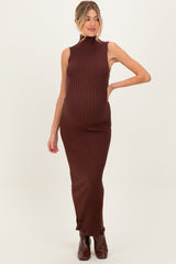 Brown Turtleneck Ribbed Knit Sleeveless Maternity Maxi Dress