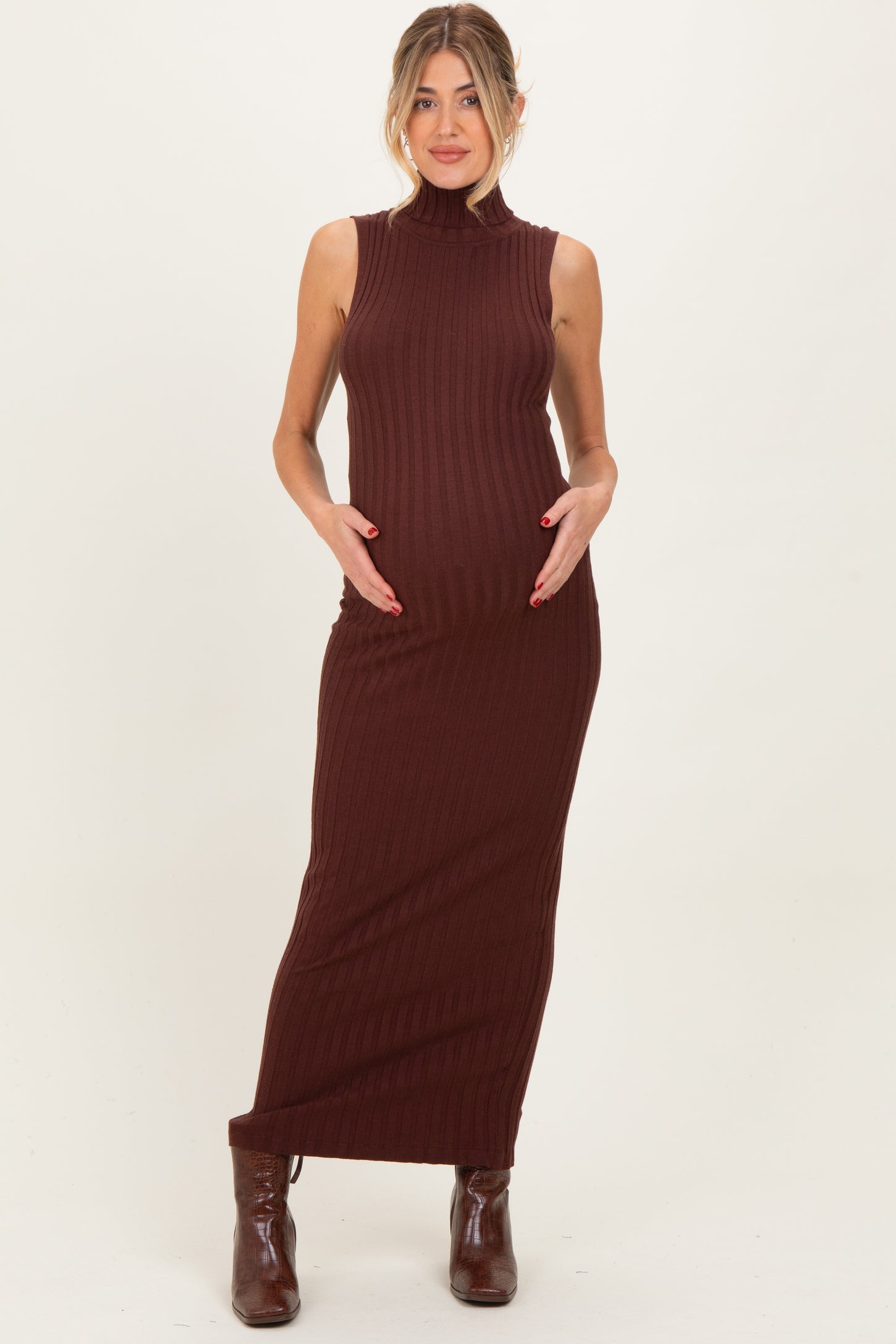 Brown Turtleneck Ribbed Knit Sleeveless Maternity Maxi Dress Brown Turtleneck Ribbed Knit Sleeveless Maternity Maxi Dress
