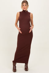 Brown Turtleneck Ribbed Knit Sleeveless Maternity Maxi Dress