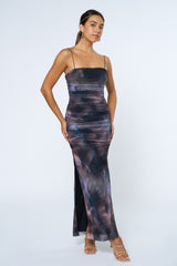 Charcoal Printed Mesh Ruched Sleeveless Maternity Maxi Dress