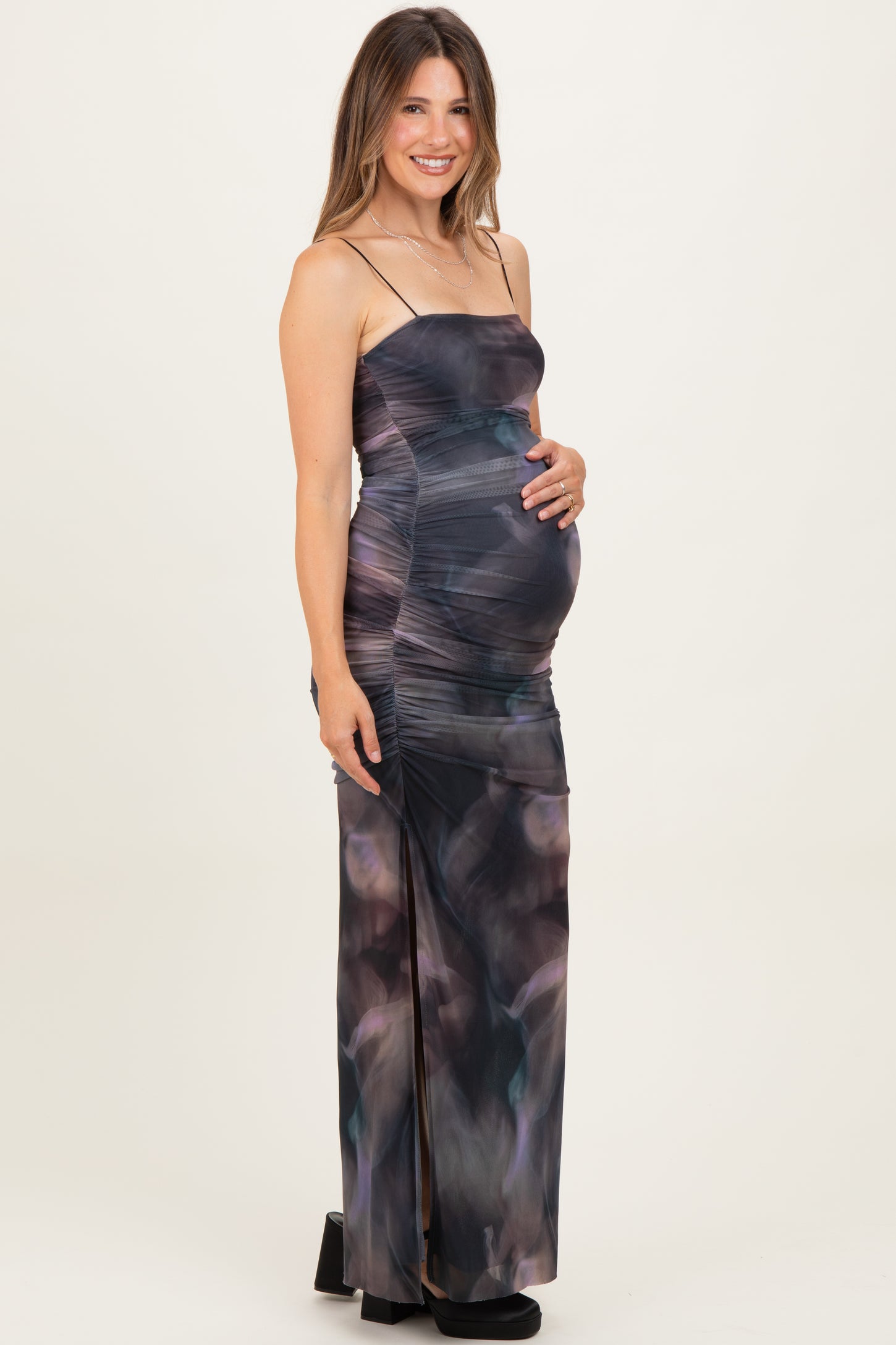 Charcoal Printed Mesh Ruched Sleeveless Maternity Maxi Dress