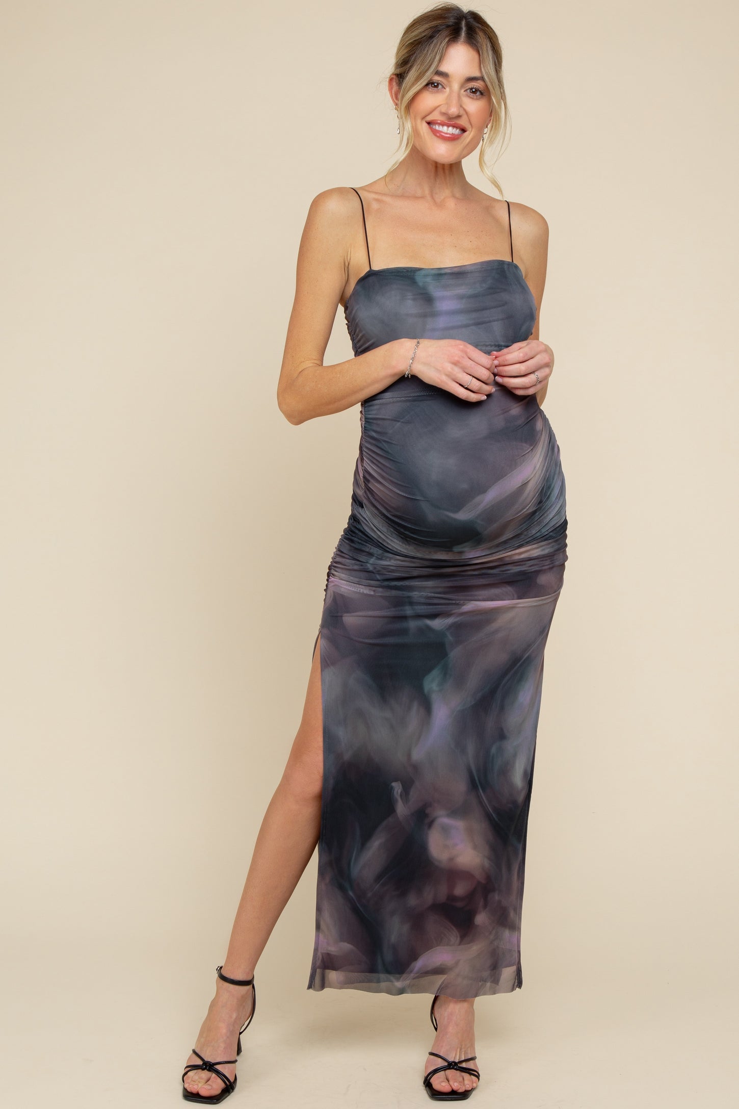 Charcoal Printed Mesh Ruched Sleeveless Maternity Maxi Dress Charcoal Printed Mesh Ruched Sleeveless Maternity Maxi Dress
