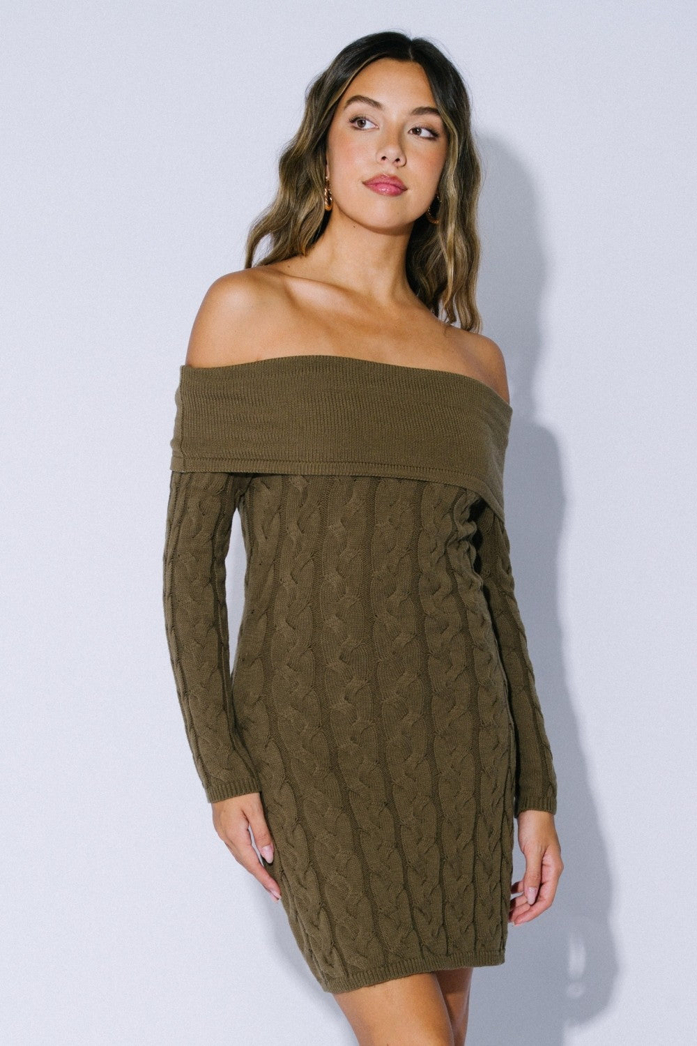 Olive Cable Knit Off Shoulder Mini Sweater Dress