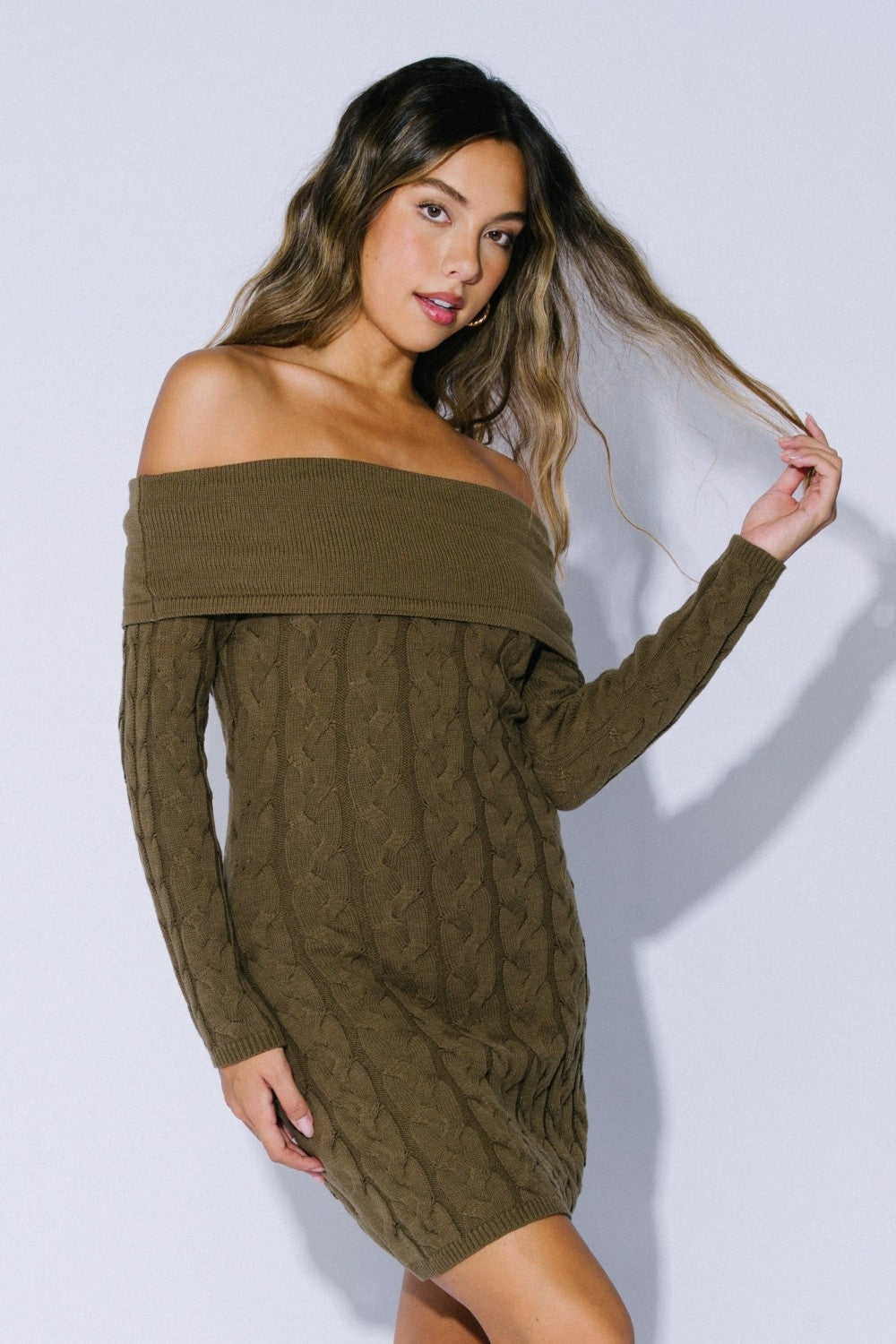 Olive Cable Knit Off Shoulder Mini Sweater Dress – PinkBlush