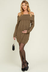 Olive Cable Knit Off Shoulder Maternity Mini Sweater Dress
