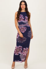 Navy Floral Ruched Sleeveless Midi Dress