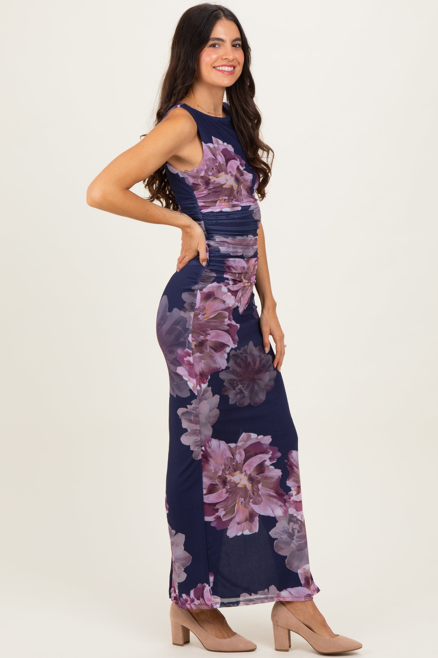 Navy Floral Ruched Sleeveless Midi Dress