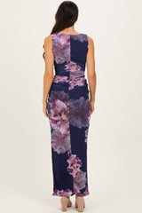 Navy Floral Ruched Sleeveless Midi Dress