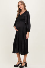 Black Satin Smocked Pleated Maternity Midi Dress