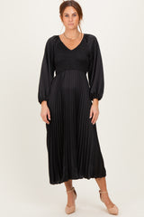Black Satin Smocked Pleated Midi Dress