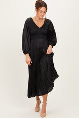 Black Satin Smocked Pleated Midi Dress