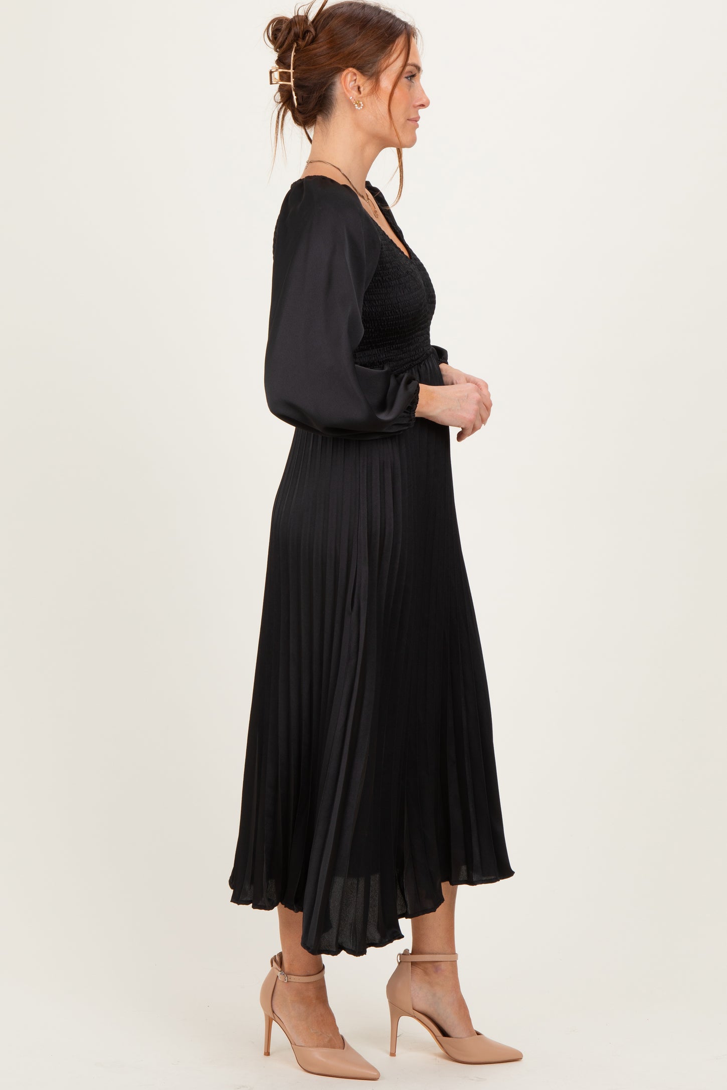 Black Satin Smocked Pleated Midi Dress
