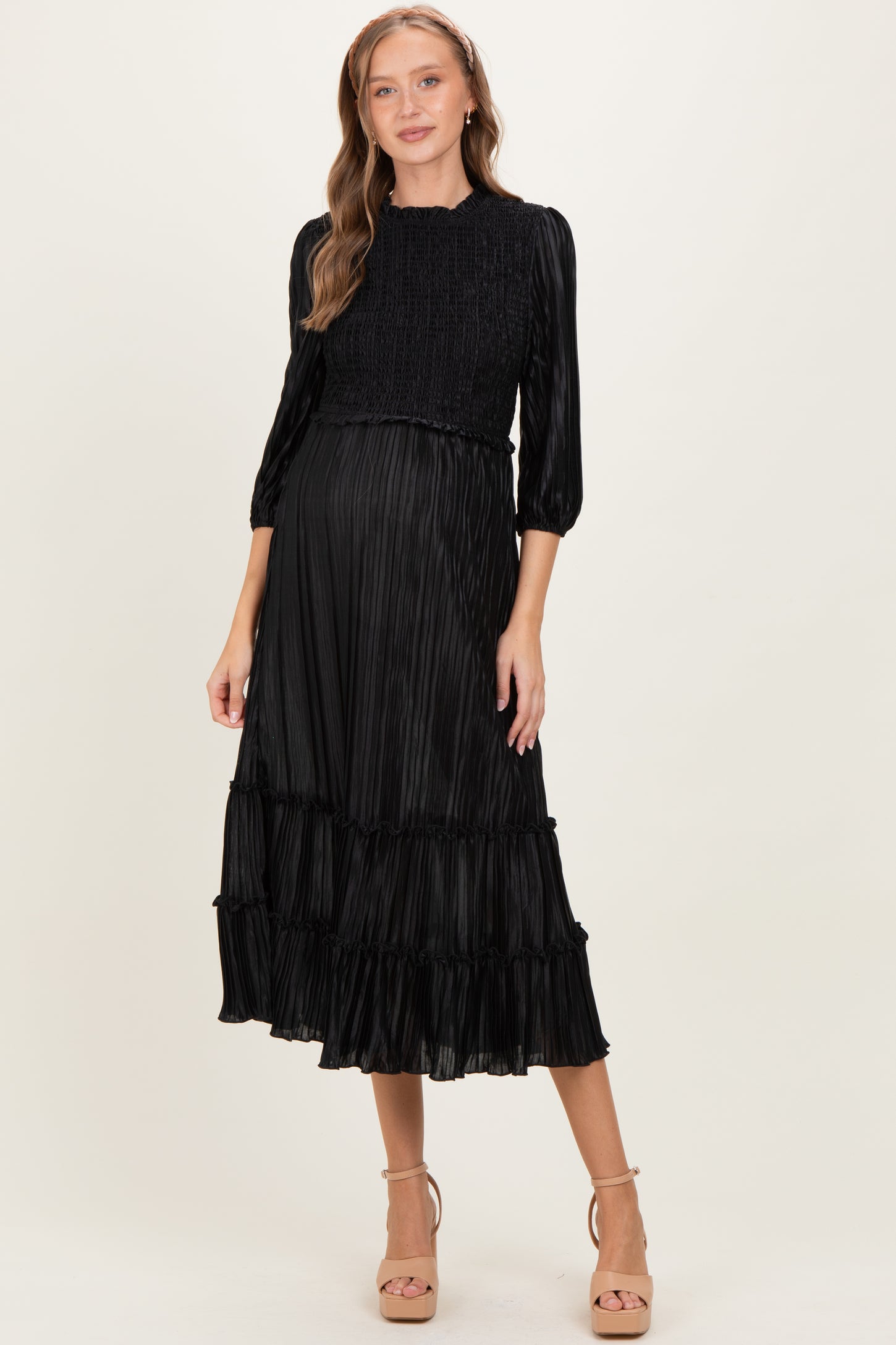 Black Pleated Satin Smocked Bodice Maternity Midi Dress
