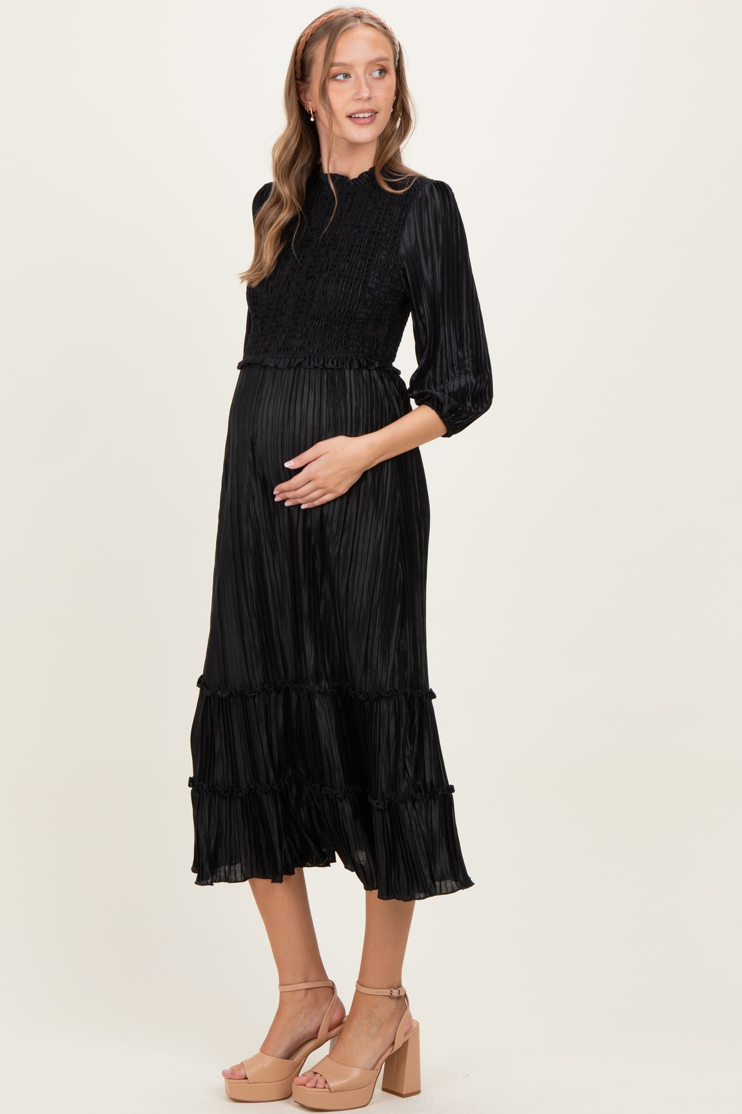Black Pleated Satin Smocked Bodice Maternity Midi Dress