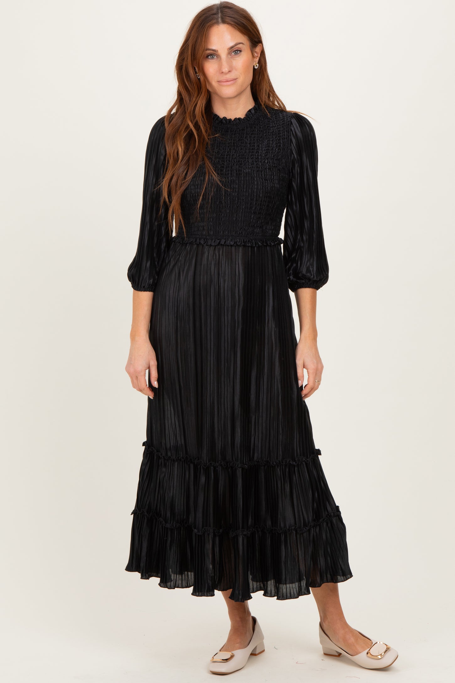 Black Pleated Satin Smocked Bodice Midi Dress