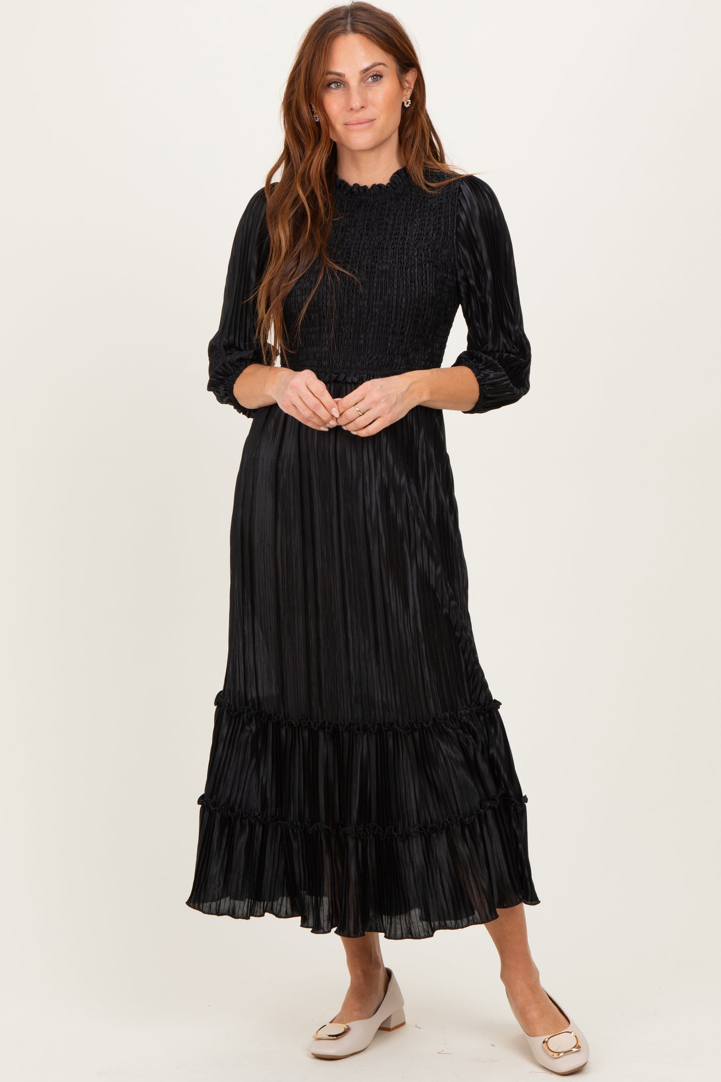 Black Pleated Satin Smocked Bodice Midi Dress