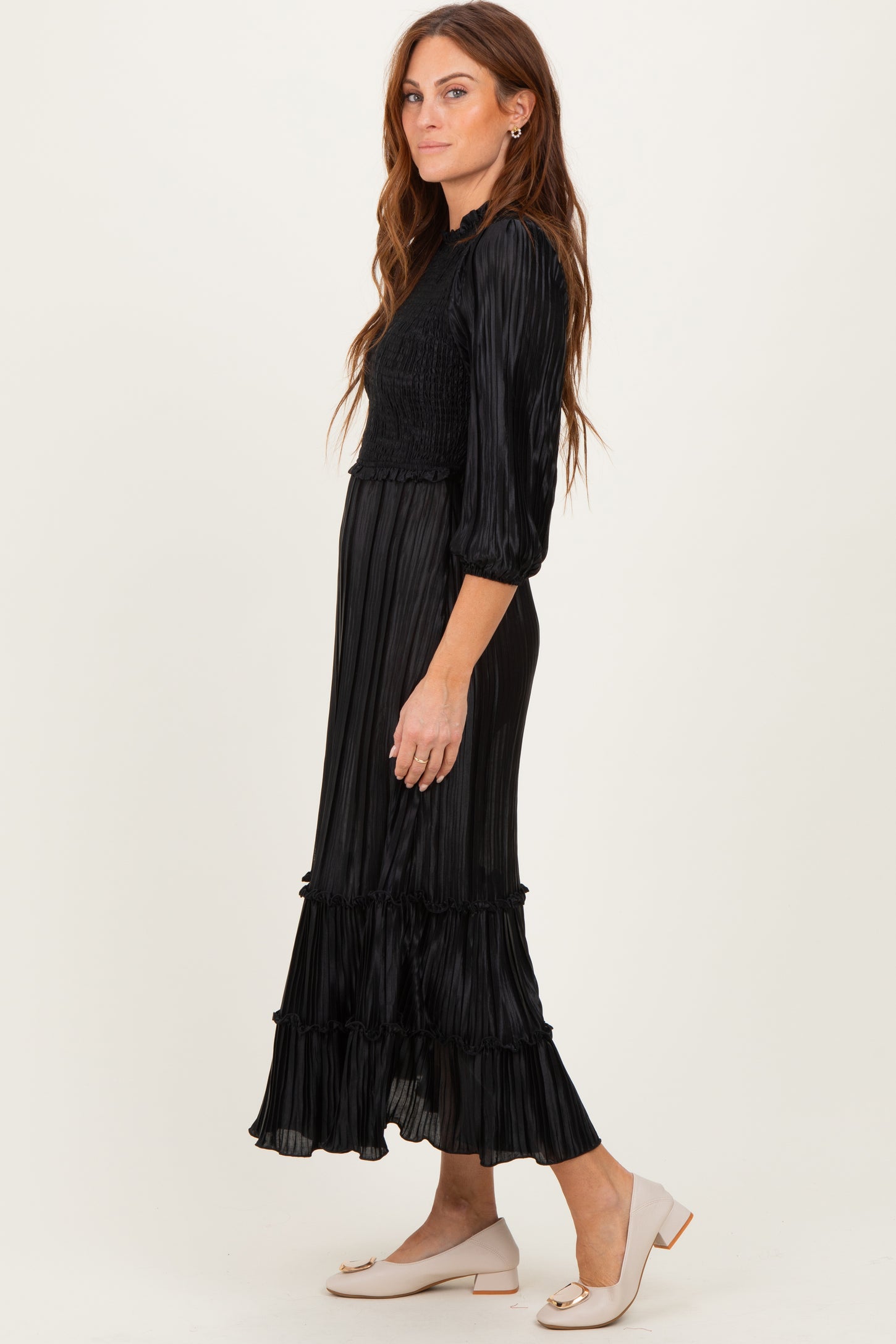 Black Pleated Satin Smocked Bodice Midi Dress