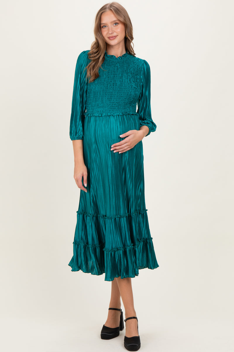 Forest Green Pleated Satin Smocked Bodice Maternity Midi Dress Forest Green Pleated Satin Smocked Bodice Maternity Midi Dress