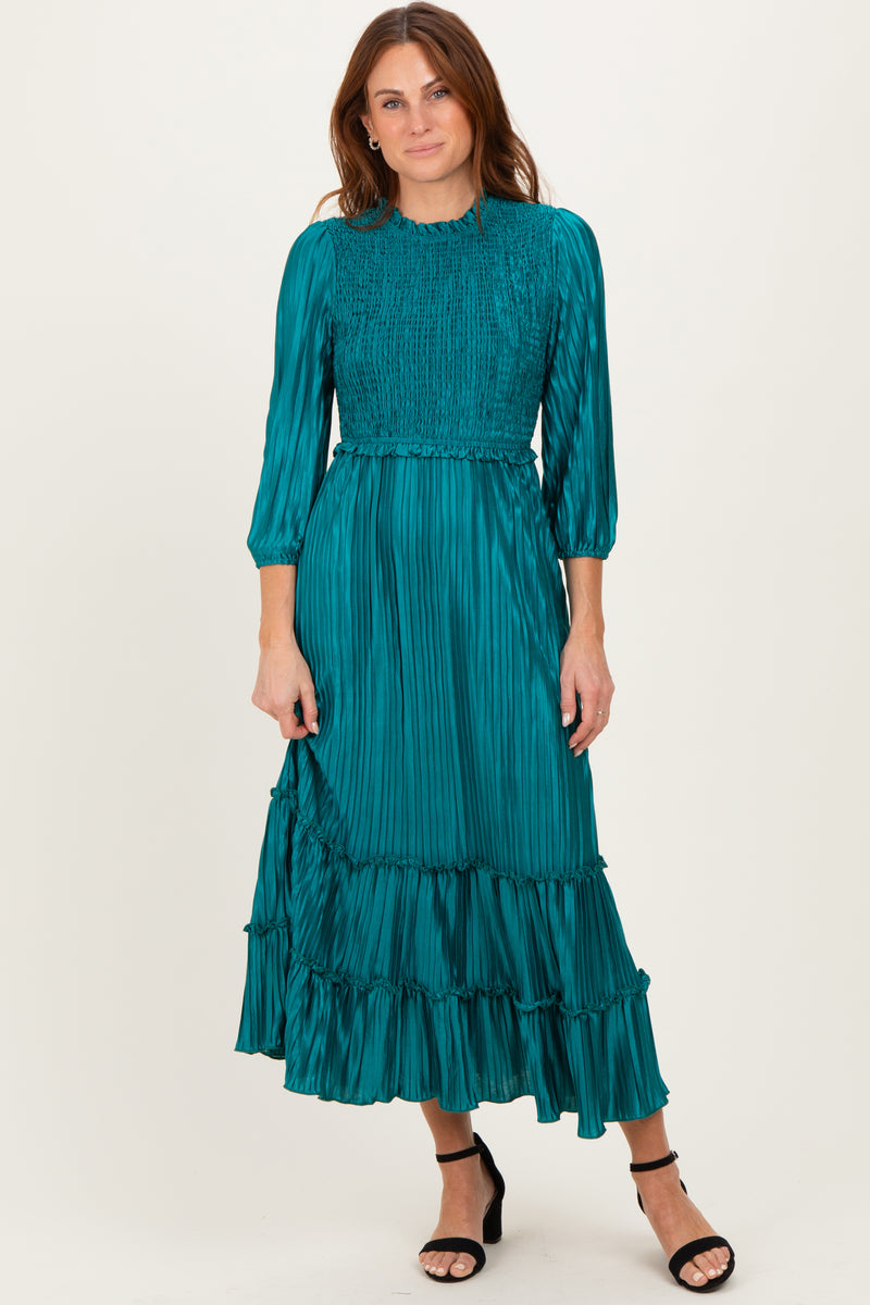 open lace back dress Forest Green Pleated Satin Smocked Bodice Midi Dress – PinkBlush