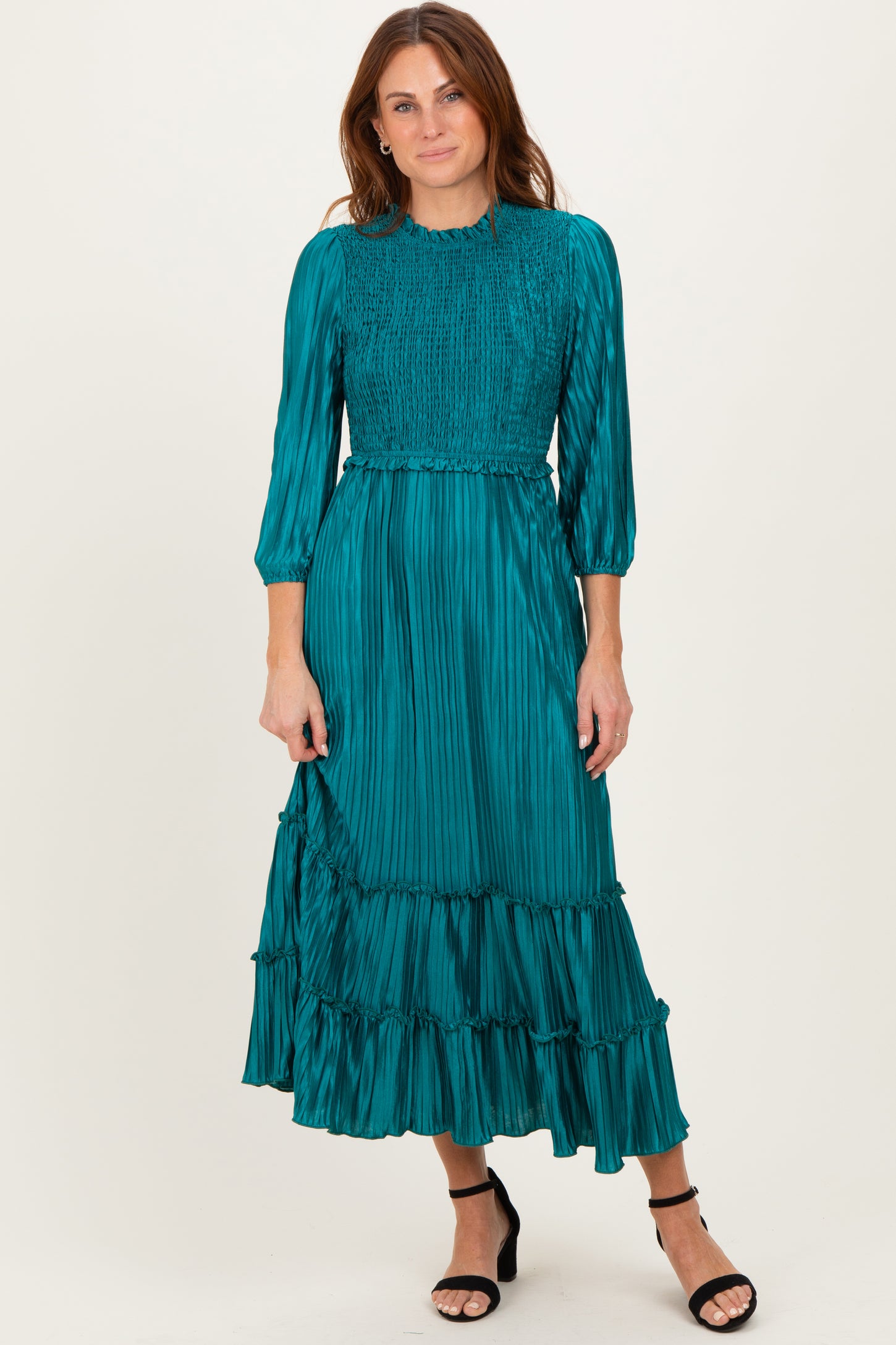 Forest Green Pleated Satin Smocked Bodice Midi Dress