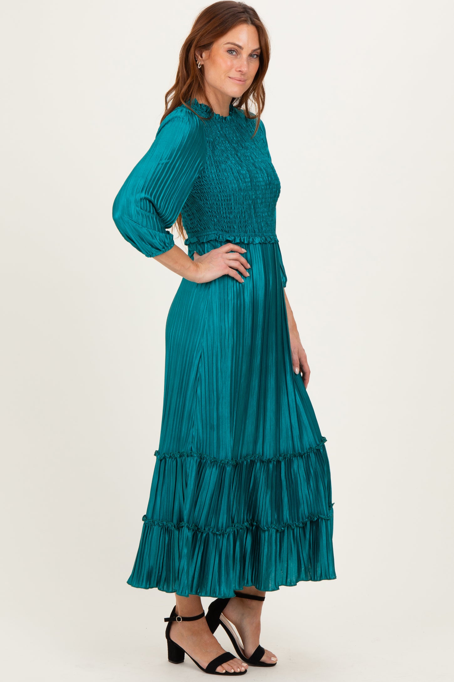 Forest Green Pleated Satin Smocked Bodice Midi Dress