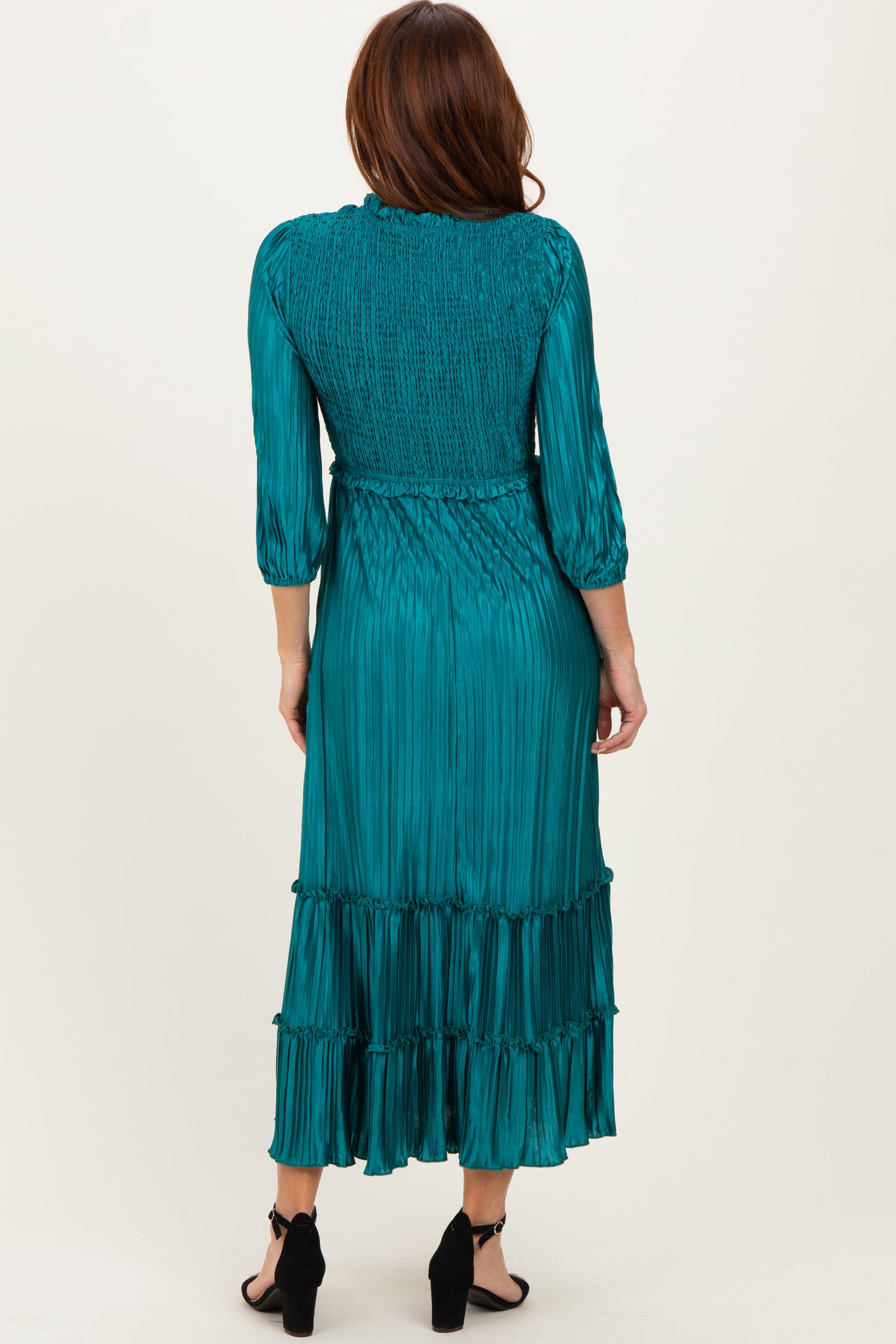 Forest Green Pleated Satin Smocked Bodice Midi Dress