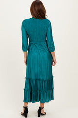 Forest Green Pleated Satin Smocked Bodice Midi Dress