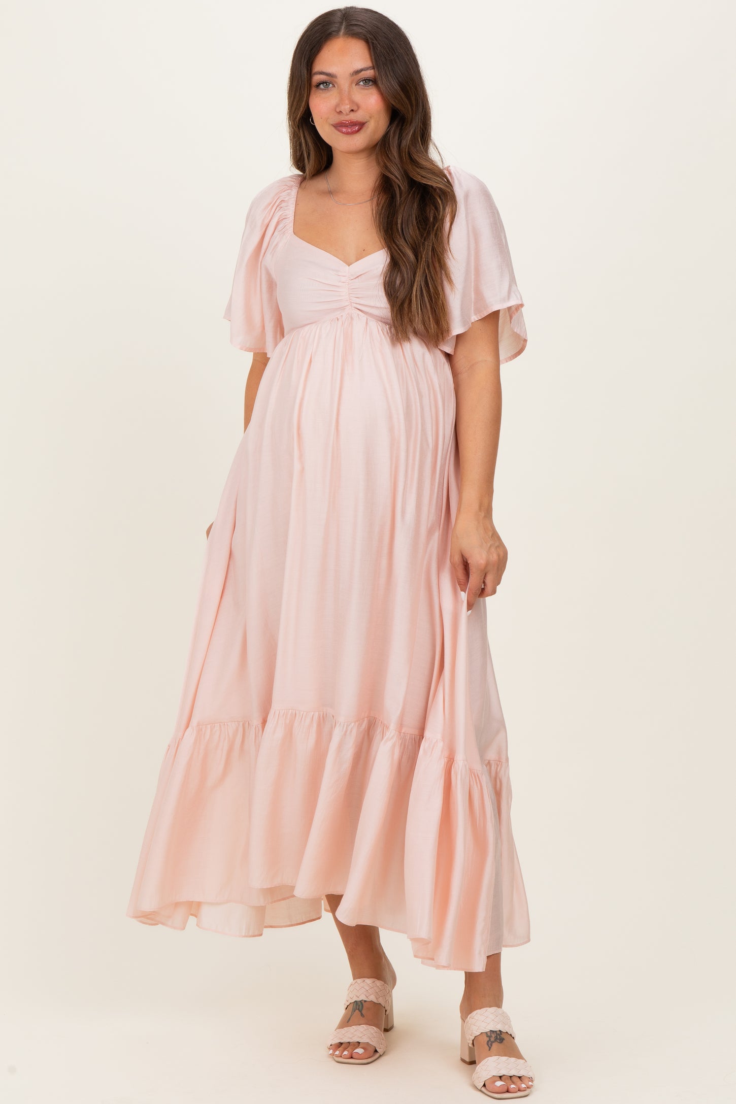 Light Pink Flutter Sleeve Ruffle Hem Maternity Midi Dress Light Pink Flutter Sleeve Ruffle Hem Maternity Midi Dress