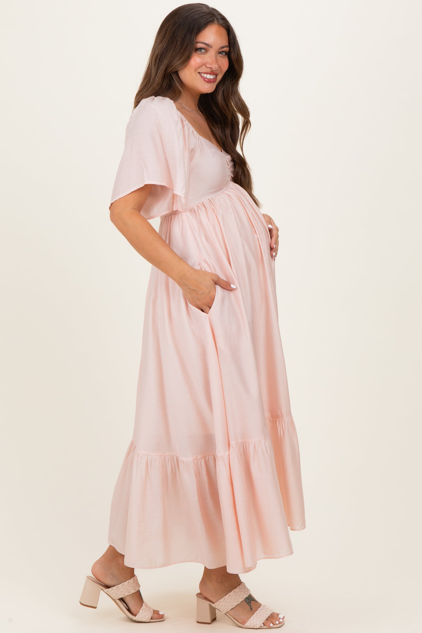 Light Pink Flutter Sleeve Ruffle Hem Maternity Midi Dress Light Pink Flutter Sleeve Ruffle Hem Maternity Midi Dress