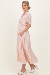 Light Pink Flutter Sleeve Ruffle Hem Midi Dress