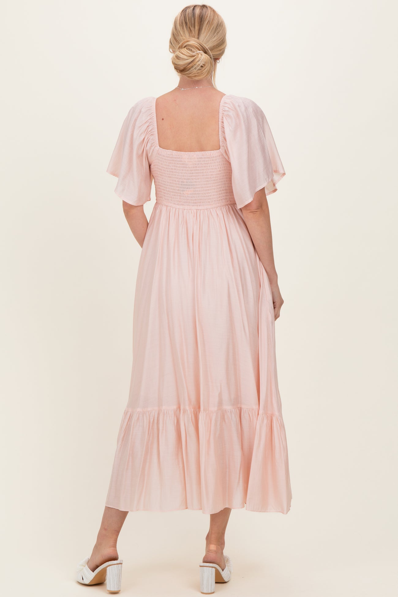 Light Pink Flutter Sleeve Ruffle Hem Midi Dress