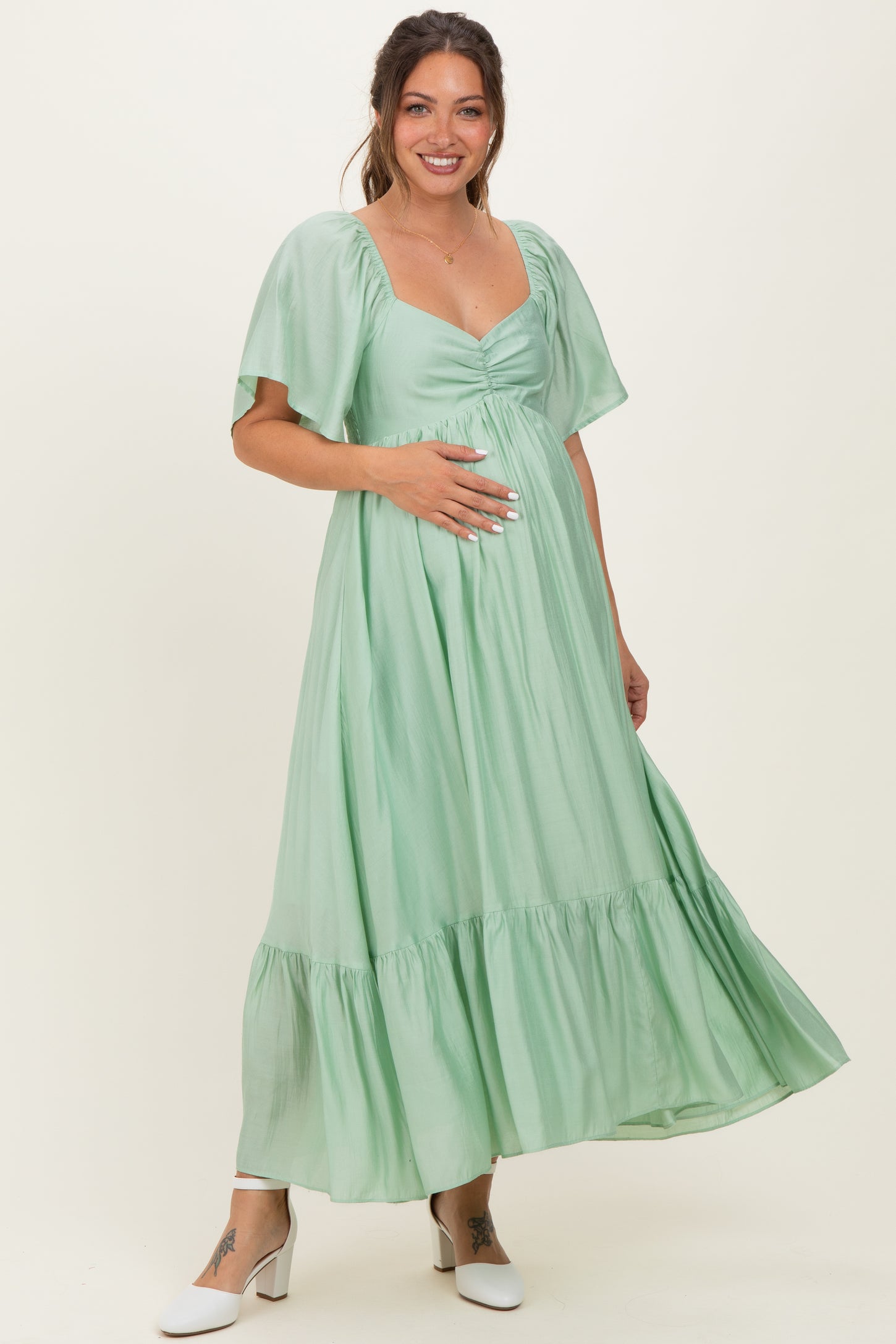 Mint Flutter Sleeve Ruffle Hem Maternity Midi Dress Mint Flutter Sleeve Ruffle Hem Maternity Midi Dress