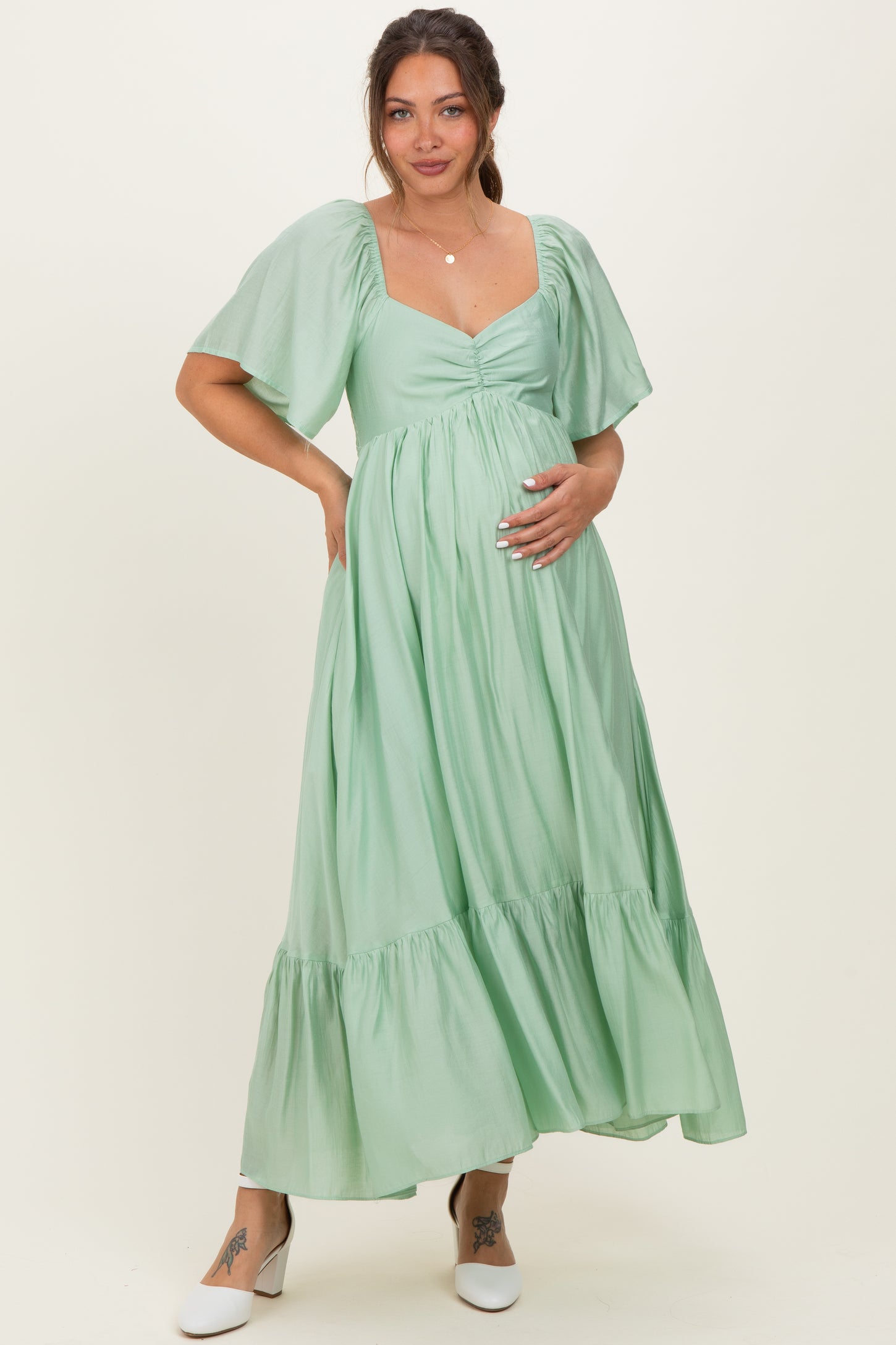 midi dresses maternity Ingrid & Isabel Chambray Button Front Dress - Chambray wrap design Mint Flutter Sleeve Ruffle Hem