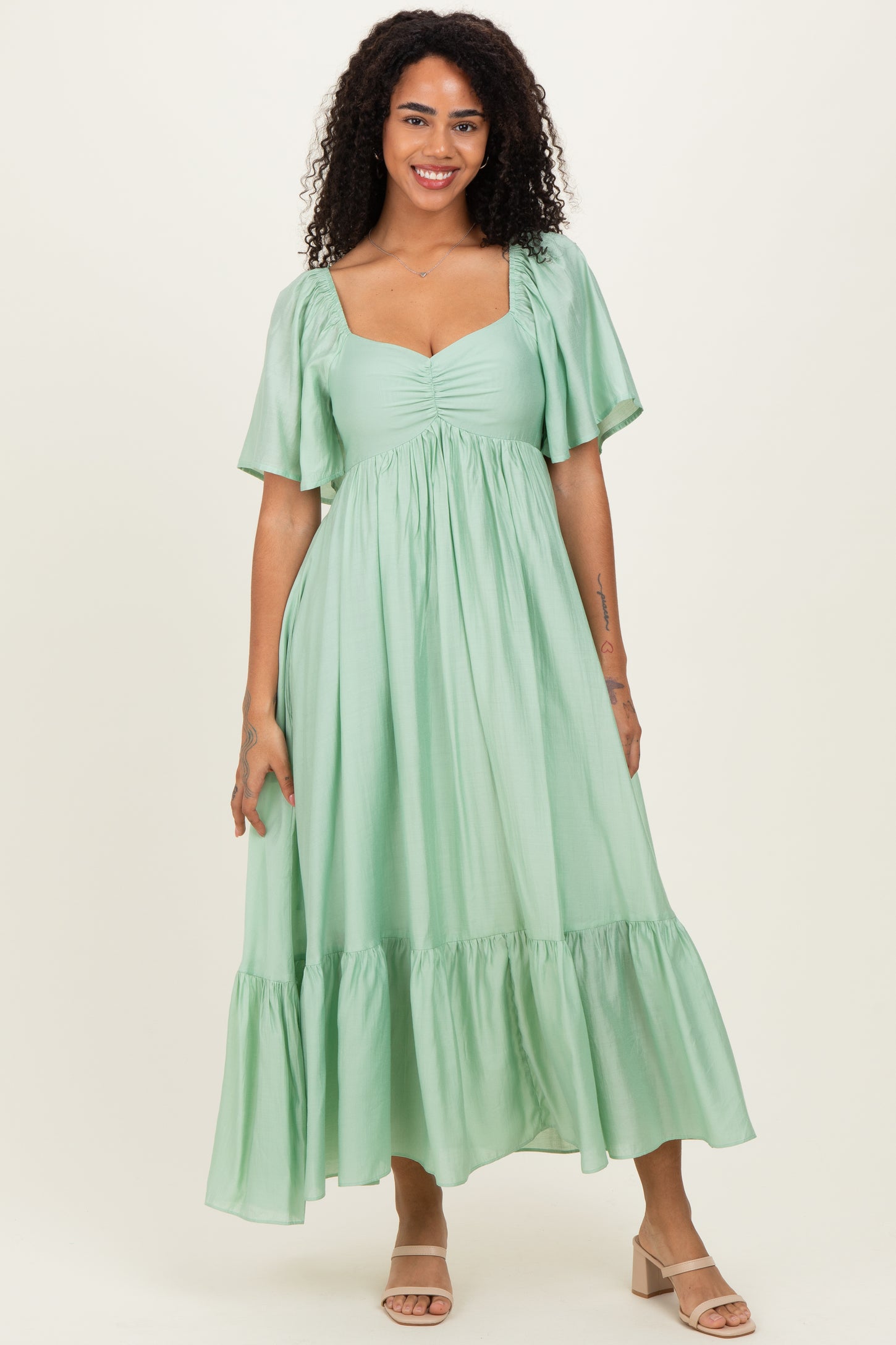 Mint Flutter Sleeve Ruffle Hem Midi Dress