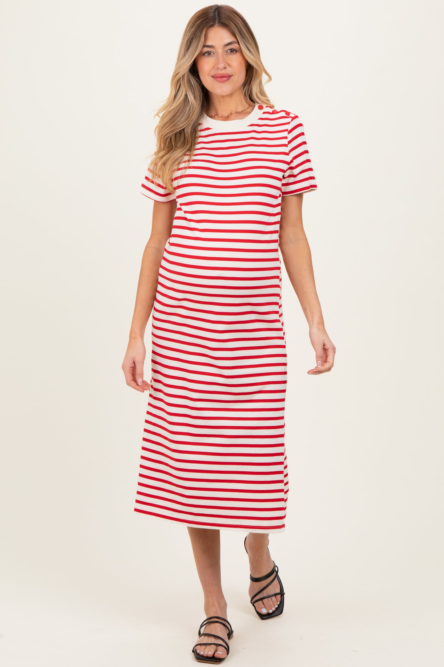 Red Striped Short Sleeve Maternity Midi Dress