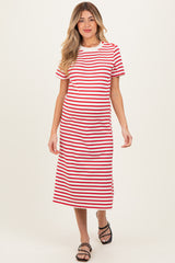 Red Striped Short Sleeve Maternity Midi Dress