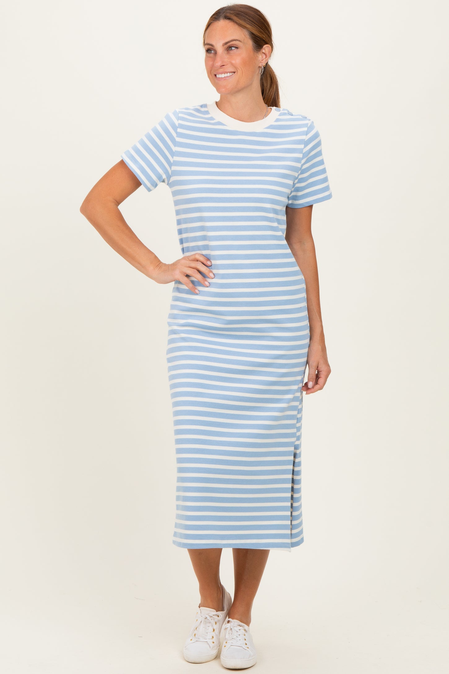 Light Blue Striped Short Sleeve Midi Dress – PinkBlush