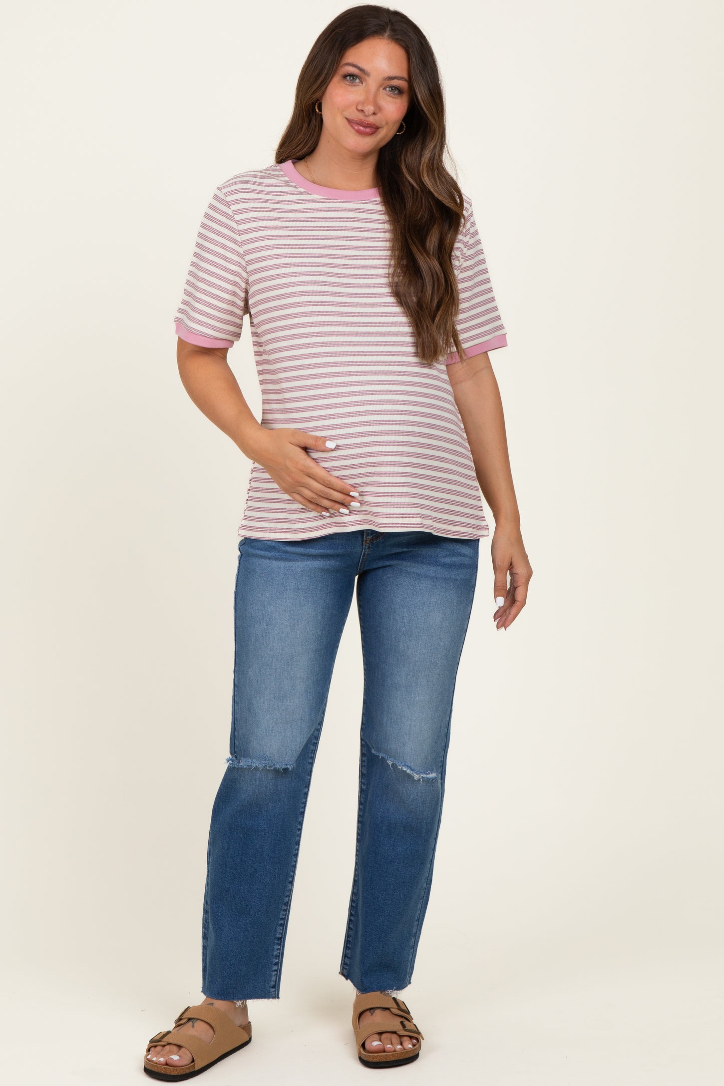 Light Pink Striped Short Sleeve Maternity T-Shirt