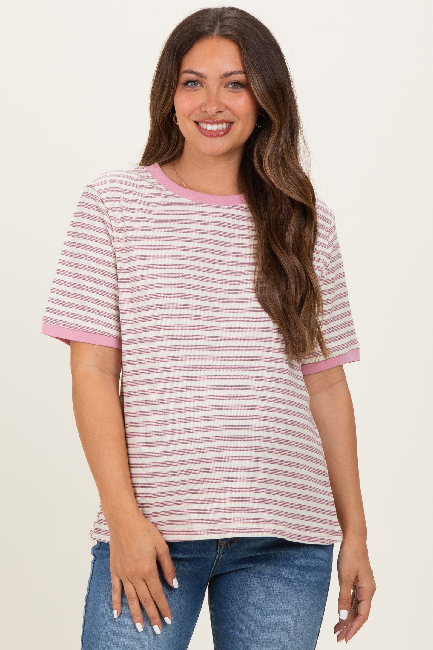 Light Pink Striped Short Sleeve Maternity T-Shirt
