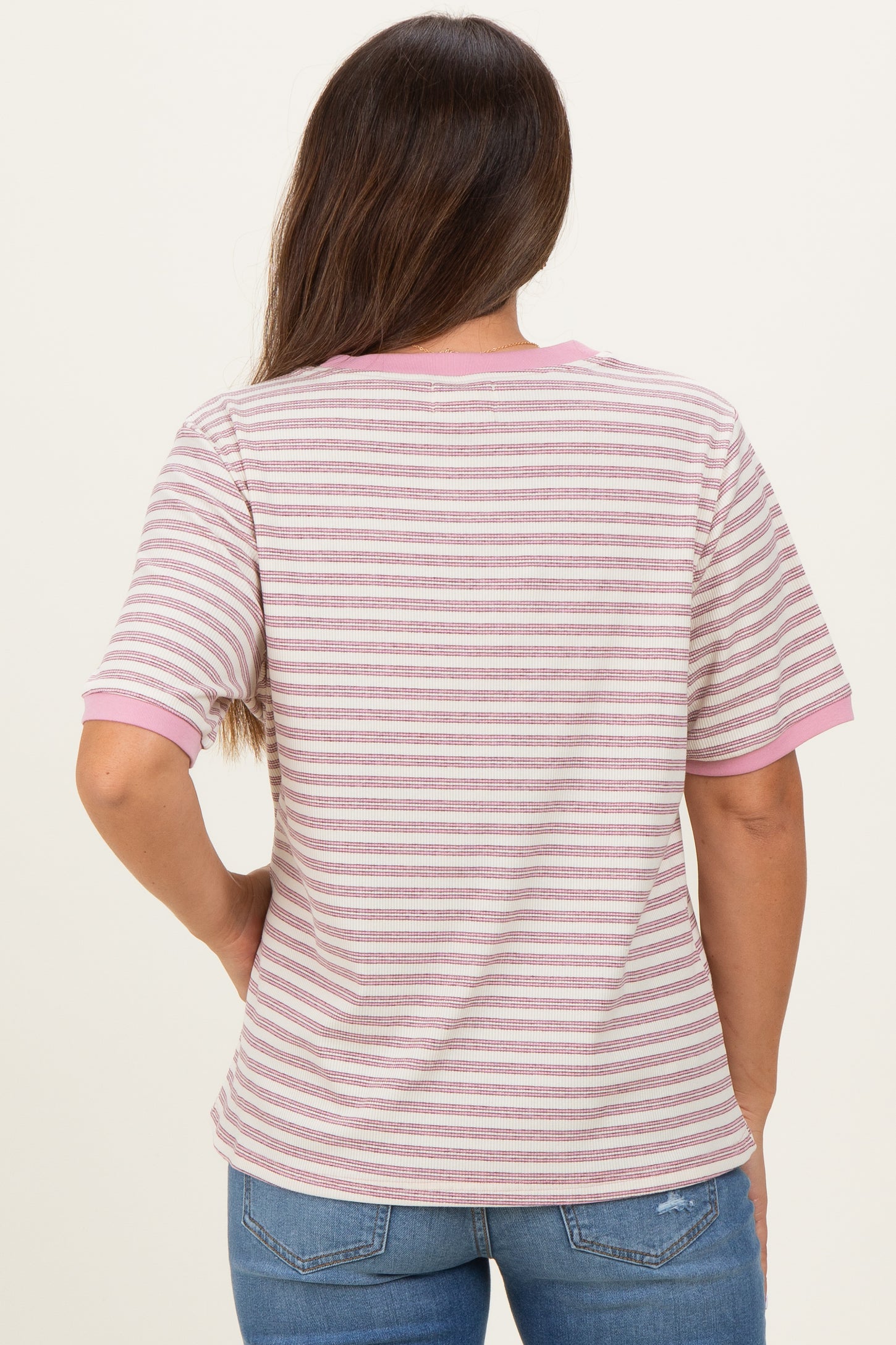 Light Pink Striped Short Sleeve Maternity T-Shirt