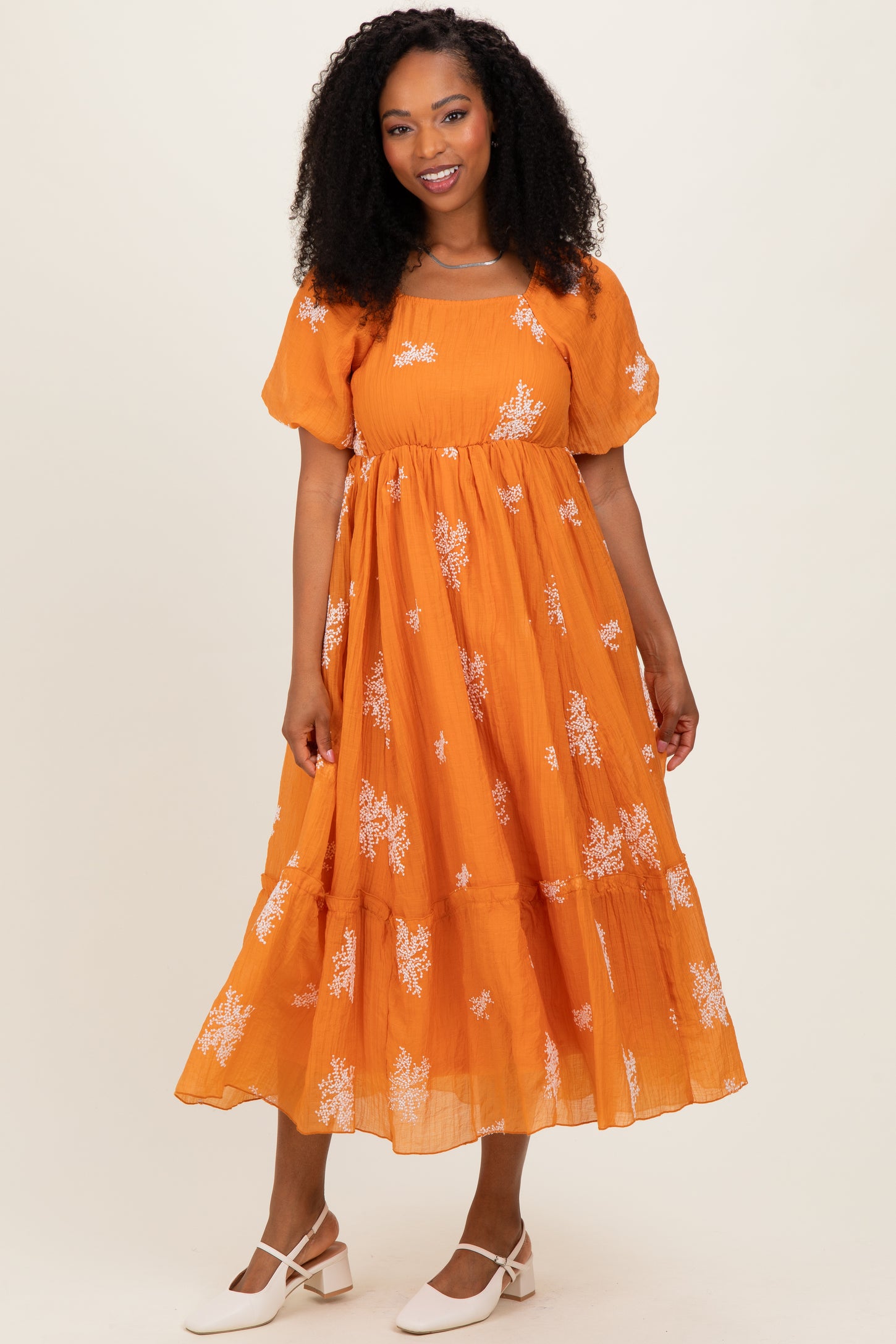 midi dress with ruffle hem Tangerine Floral Print Ruffle Hem Midi Dress