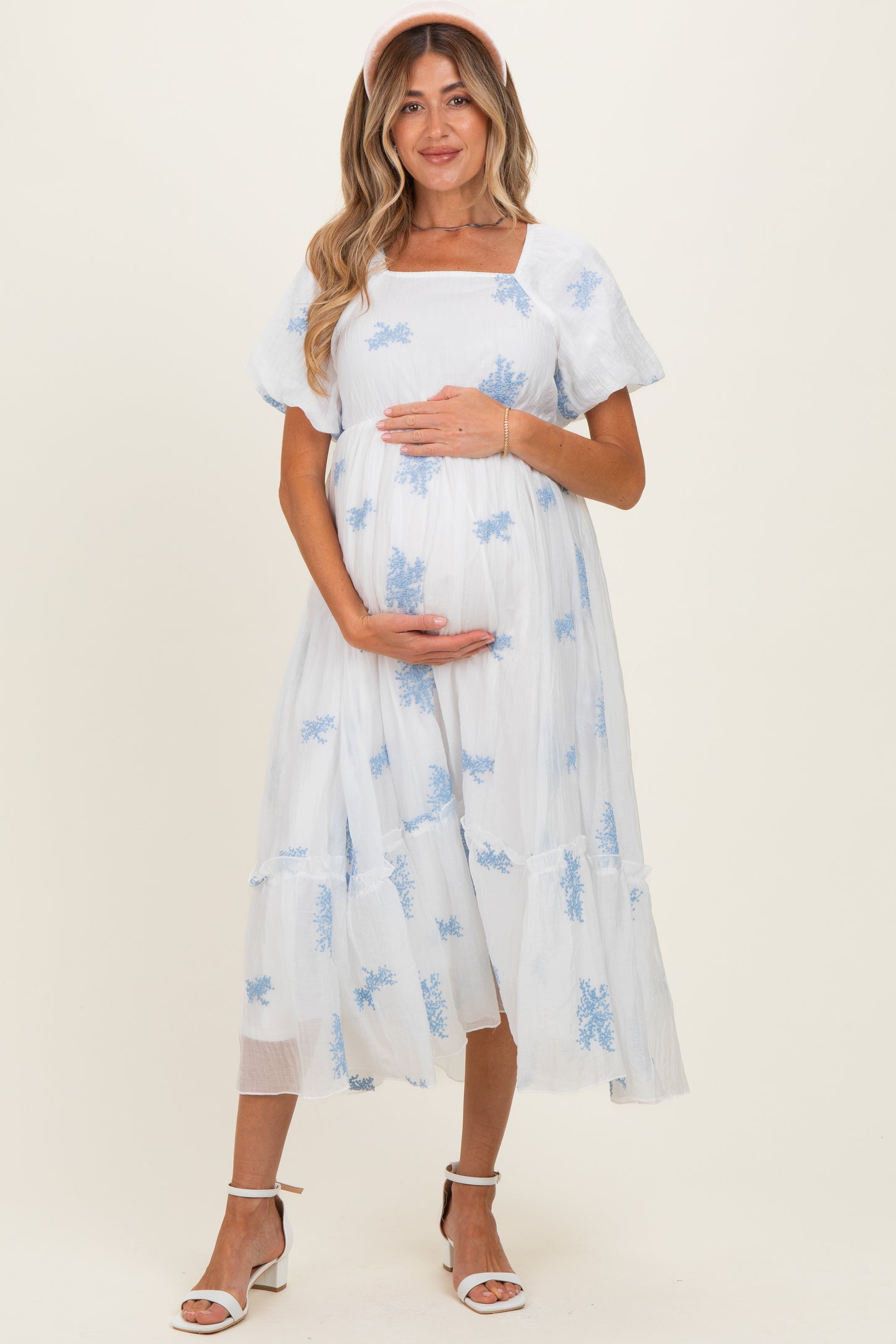 Ivory Floral Print Ruffle Hem Maternity Midi Dress