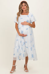 Ivory Floral Print Ruffle Hem Maternity Midi Dress