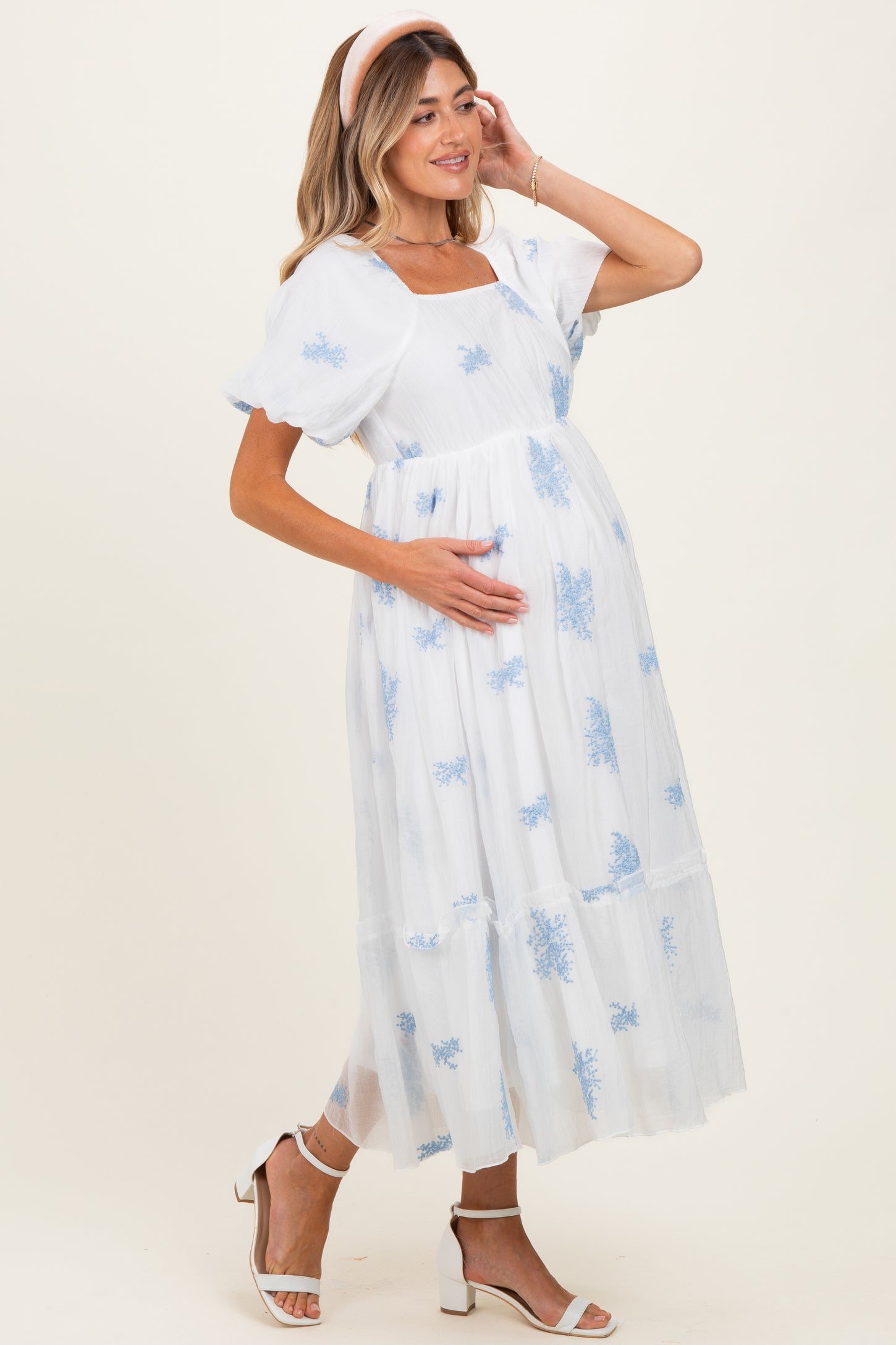 Ivory Floral Print Ruffle Hem Maternity Midi Dress