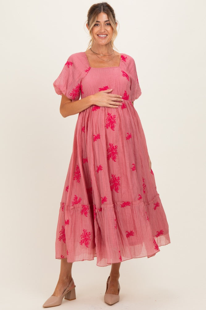 cute pink maternity dresses Floral Print Ruffle Hem Midi Dress Maxi length Breastfeeding Friendly Maxi Dresses Size:40-S size-39