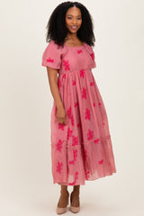 Pink Floral Print Ruffle Hem Midi Dress