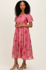 Pink Floral Print Ruffle Hem Maternity Midi Dress