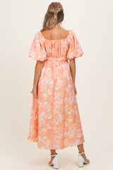 Peach Floral Textured Puff Sleeve Maternity Midi Dress
