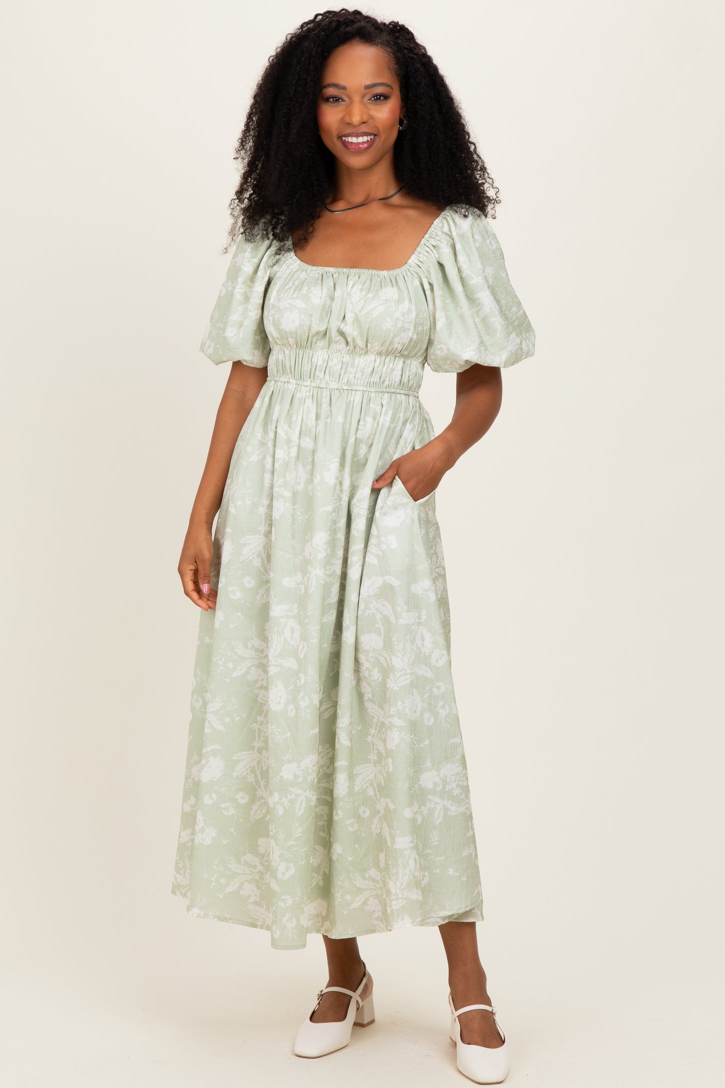 Sage Puff Sleeve Smocked Waist Maternity Midi Dress
