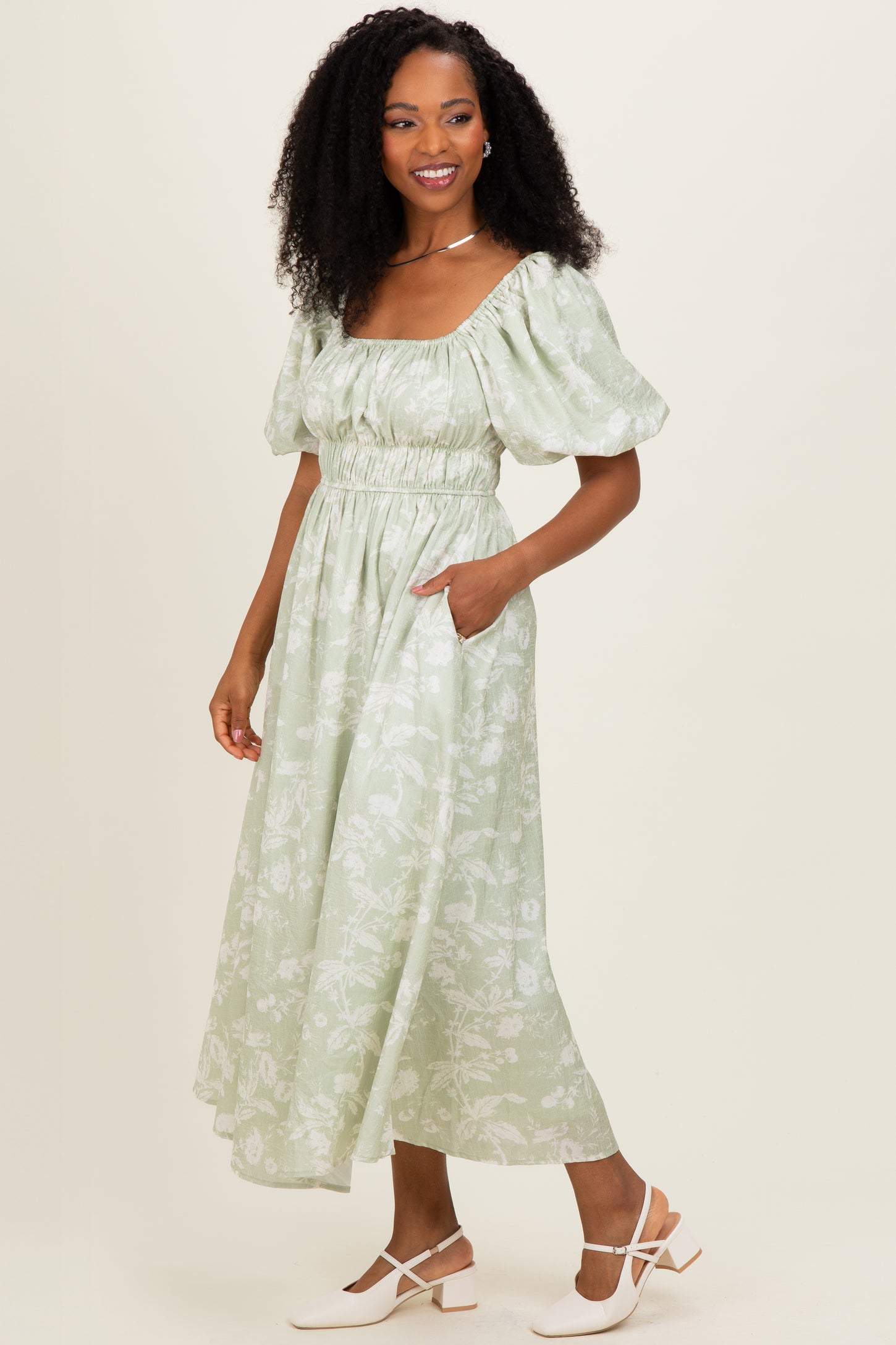 Sage Puff Sleeve Smocked Waist Midi Dress – PinkBlush